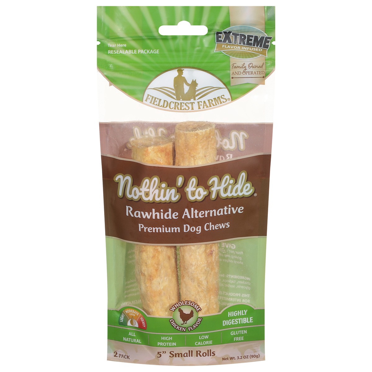 slide 1 of 9, Fieldcrest Farms Nothin To Hide Dog Chews, Premium, Rawhide Alternative, Chicken Flavor, 5 Inch Small Rolls, 2 Pack, 3.2 oz