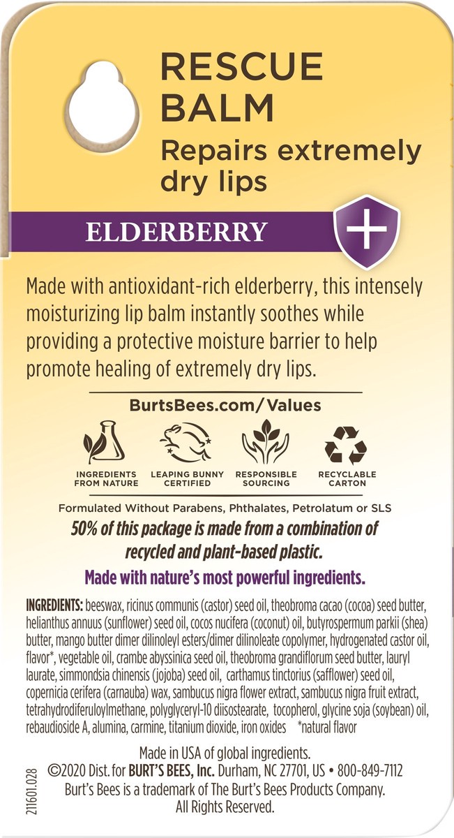 slide 2 of 4, Burt's Bees 100% Natural Origin Rescue Lip Balm with Beeswax and Antioxidant-Rich Elderberry, 1 Tube in Blister Box, 0.15 oz