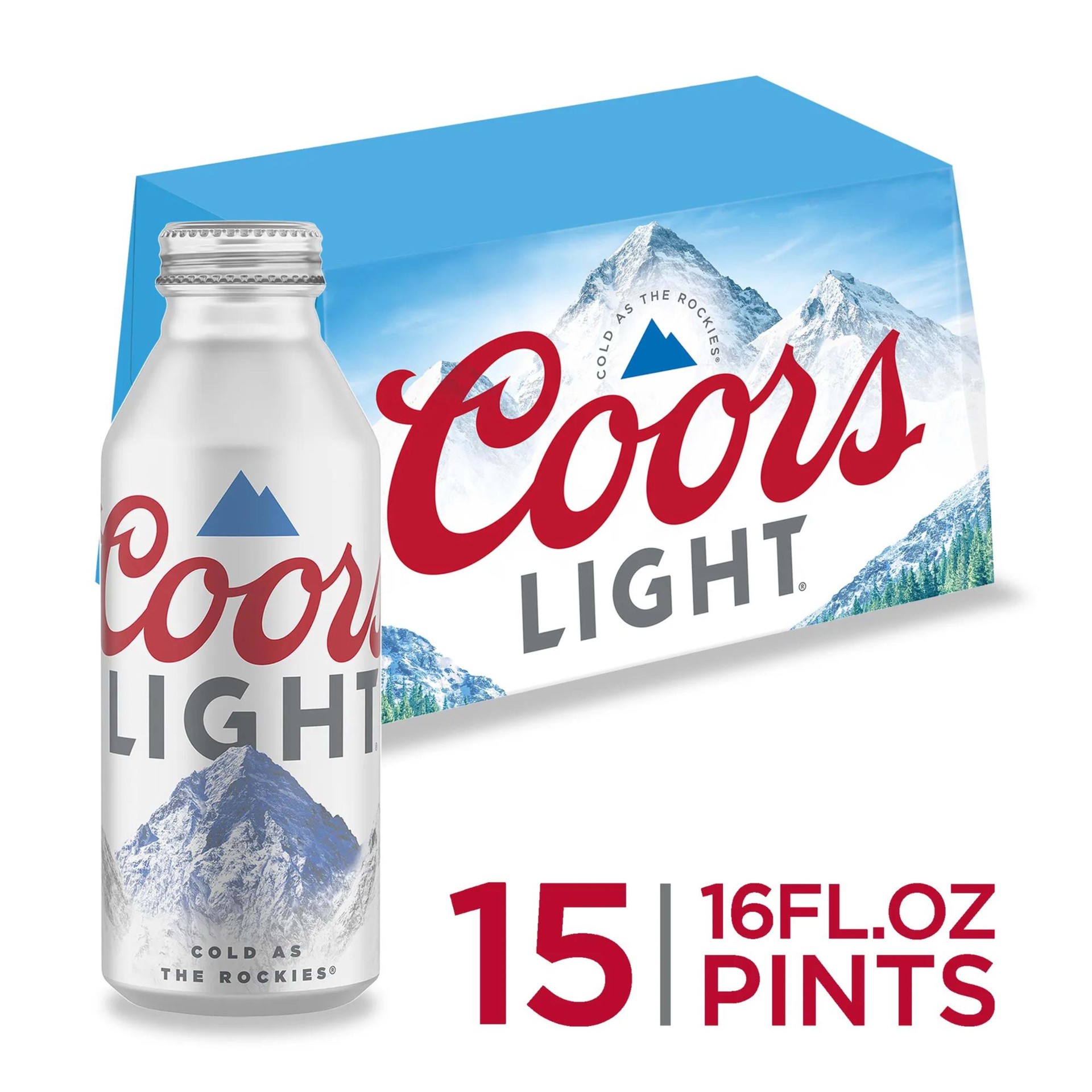 slide 1 of 21, Coors Light American Light Lager Beer, 4.2% ABV, 15-pack, 16-oz. beer bottles, 15 oz