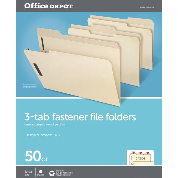 slide 2 of 2, Office Depot® Brand Reinforced Manila Folder With 2 Embossed Fasteners, 1/3-Cut Tabs, Letter Size, Box Of 50, 50 ct