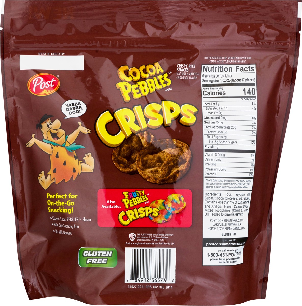 slide 12 of 12, Post New Post Cocoa PEBBLES Crisps, Portable Breakfast Cereal Snack, Kids Snacks, Gluten Free, 6 Oz – 1 count, 6 oz