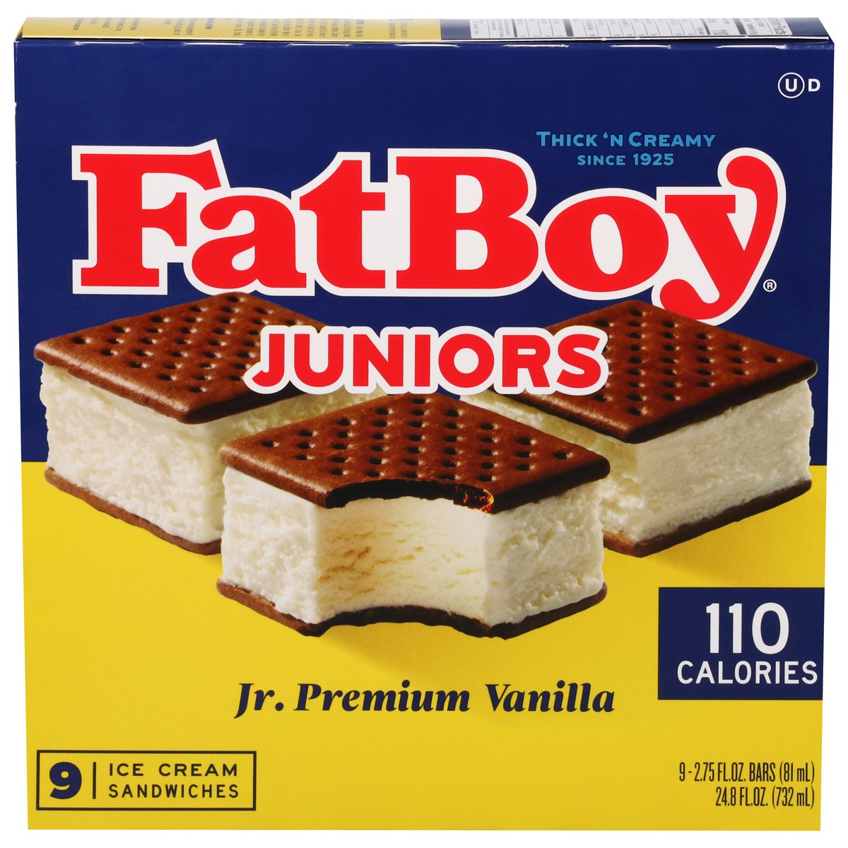 slide 1 of 7, Fat Boy Juniors Jr. Premium Vanilla Ice Cream Sandwiches 9 - 2.75 fl oz Bars, 9 ct