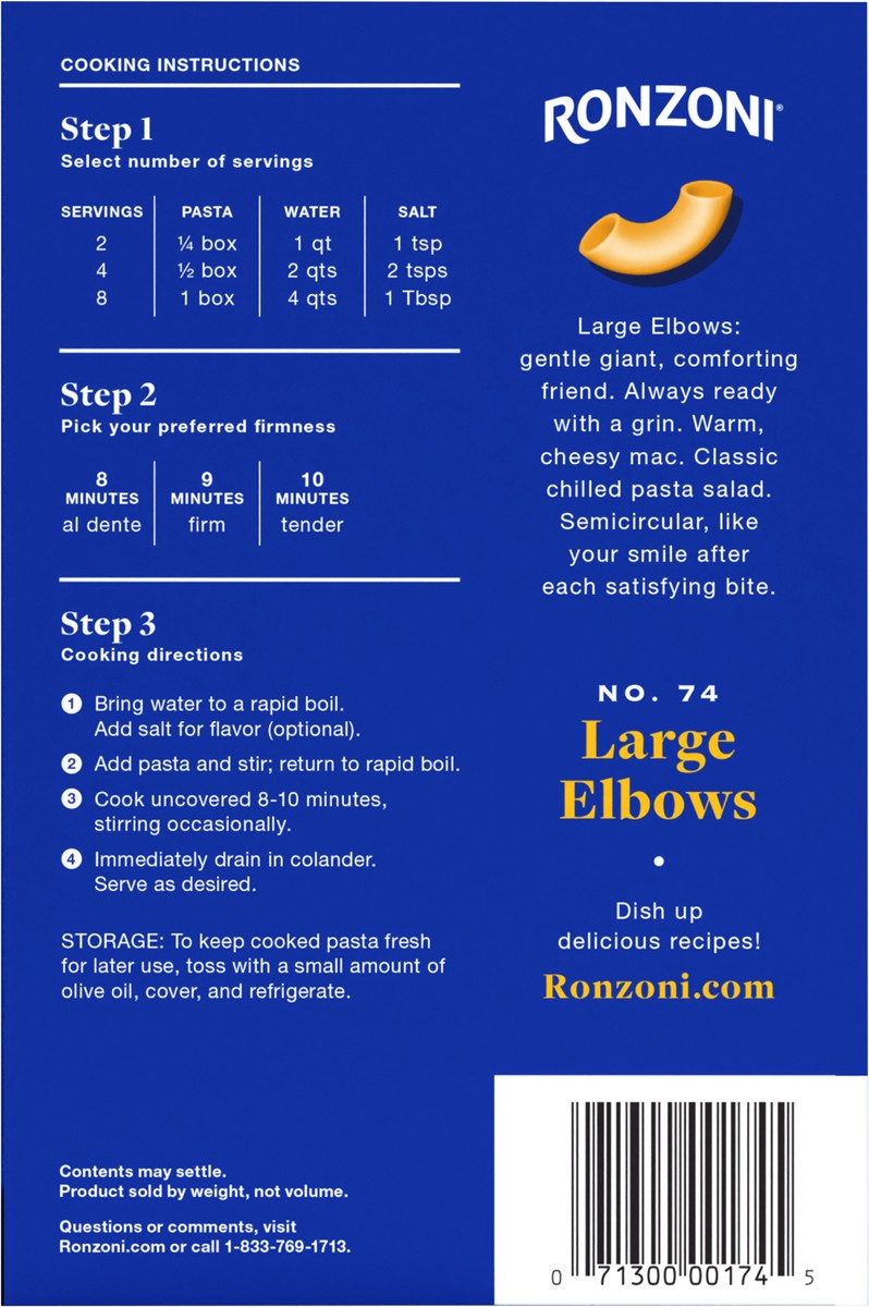 slide 7 of 9, Ronzoni Large Elbows, 16 oz, Non-GMO Macaroni Pasta, 1 lb