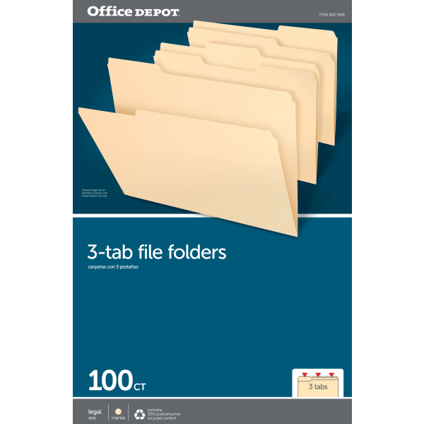 slide 3 of 3, Office Depot® Brand File Folders, 1/3 Cut, Legal Size, 30% Recycled, Manila, Pack Of 100, 100 ct