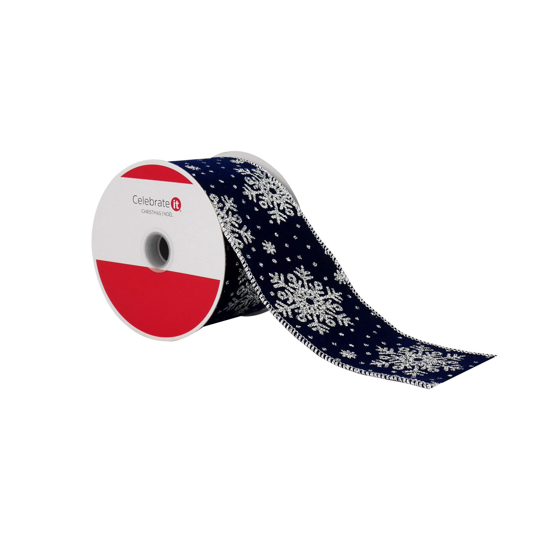 slide 2 of 3, 2.5" X 20ft. Navy & Silver Snowflake Wired Velvet Ribbon By Celebrate It, 2.5 in x 20 ft