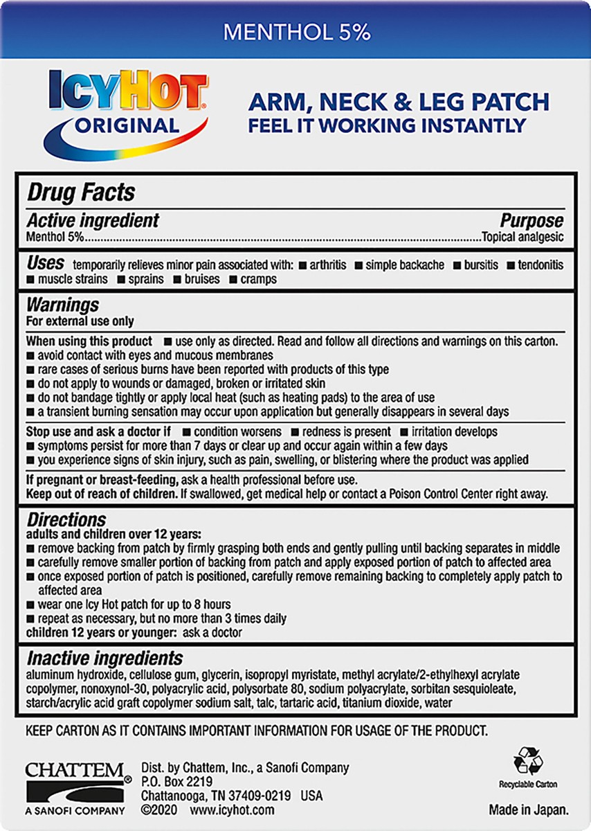 slide 12 of 12, Icy Hot Original Arm, Neck & Leg Pain Relief Patch 5 ea, 5 ct