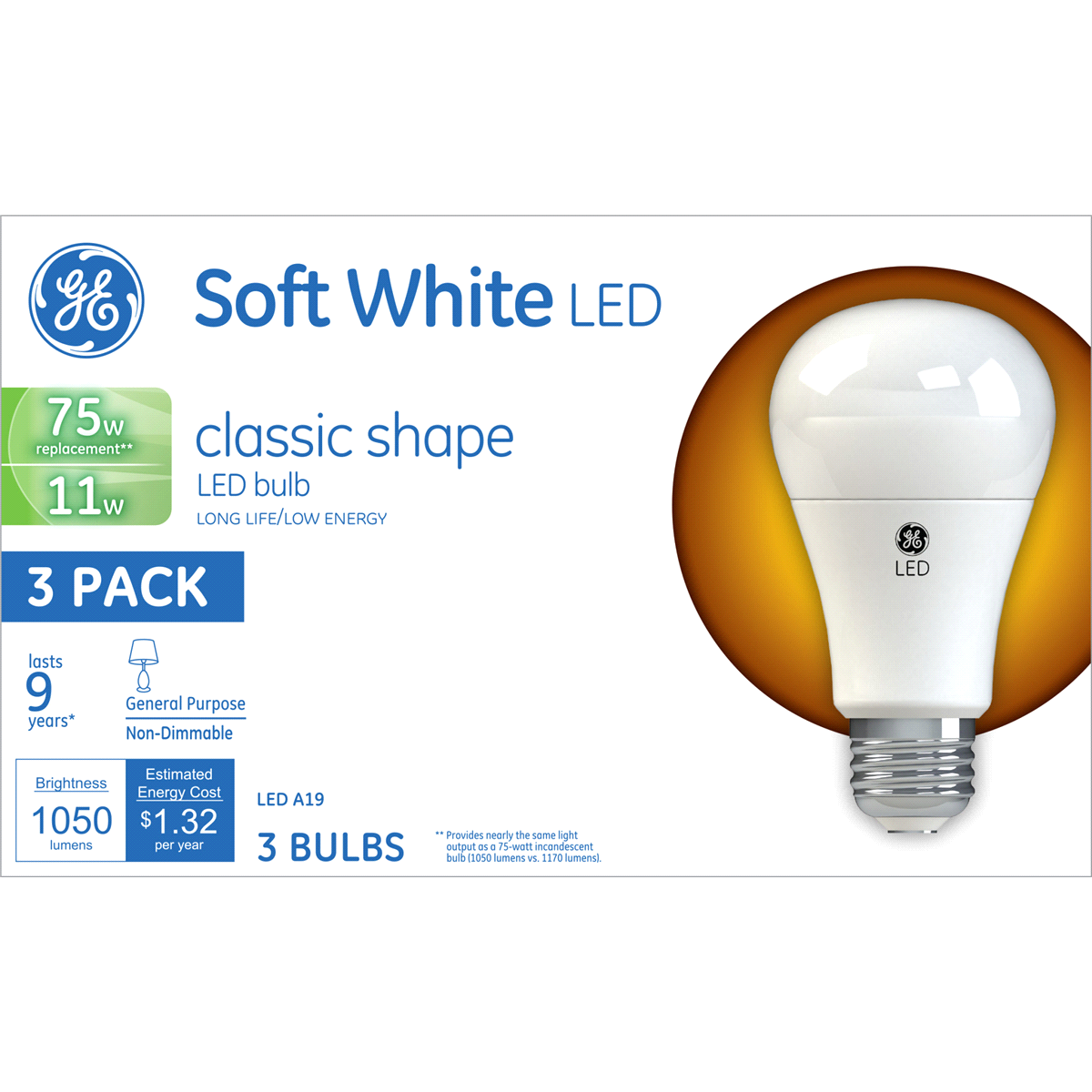 slide 1 of 1, GE Led 11-Watt (75-Watt) Soft White Classic Shape General Purpose Light Bulb - 3 Pack, 3 ct