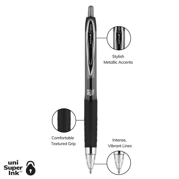slide 2 of 8, uni-ball 207 Retractable Fraud Prevention Gel Pens, Bold Point, 1.0 Mm, Translucent Black Barrels, Black Ink, Pack Of 4, 4 ct