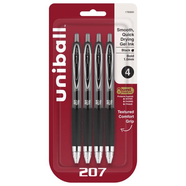 slide 1 of 8, uni-ball 207 Retractable Fraud Prevention Gel Pens, Bold Point, 1.0 Mm, Translucent Black Barrels, Black Ink, Pack Of 4, 4 ct