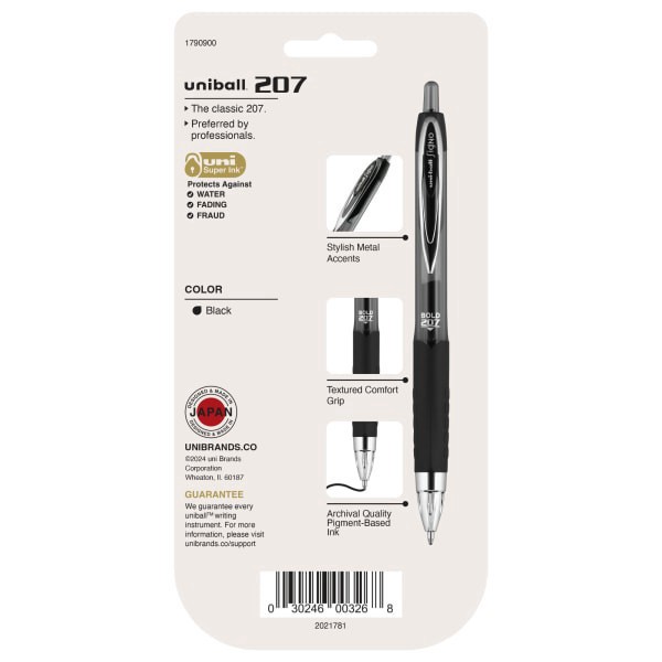 slide 8 of 8, uni-ball 207 Retractable Fraud Prevention Gel Pens, Bold Point, 1.0 Mm, Translucent Black Barrels, Black Ink, Pack Of 4, 4 ct