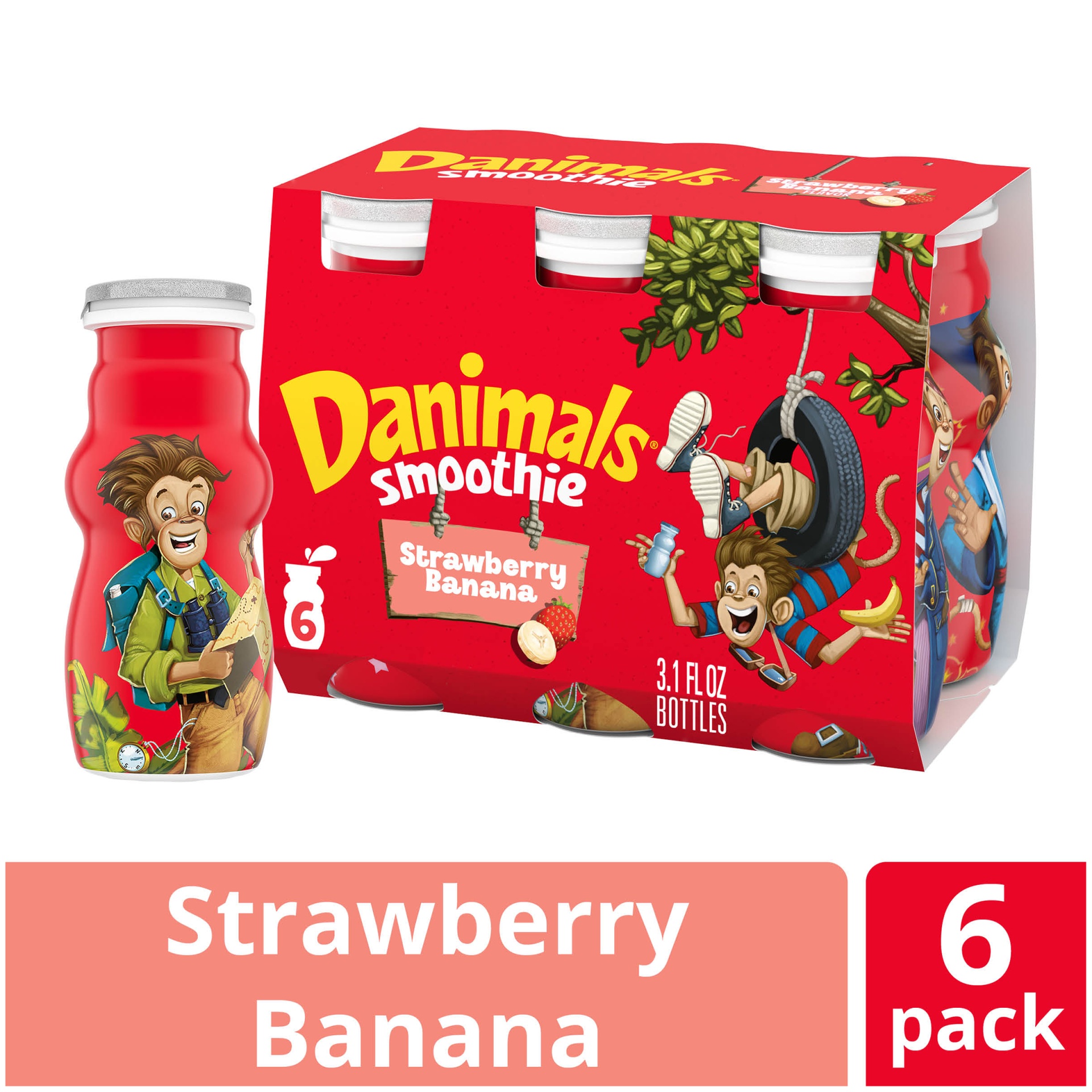 slide 1 of 7, Danimals Swingin' Strawberry Banana Smoothies Bottles, 3.1 fl oz