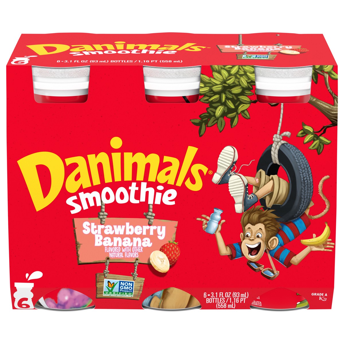 slide 1 of 5, Danimals Swingin' Strawberry Banana Smoothies, 3.1 Fl. Oz. Bottles, 6 Count, 6 ct