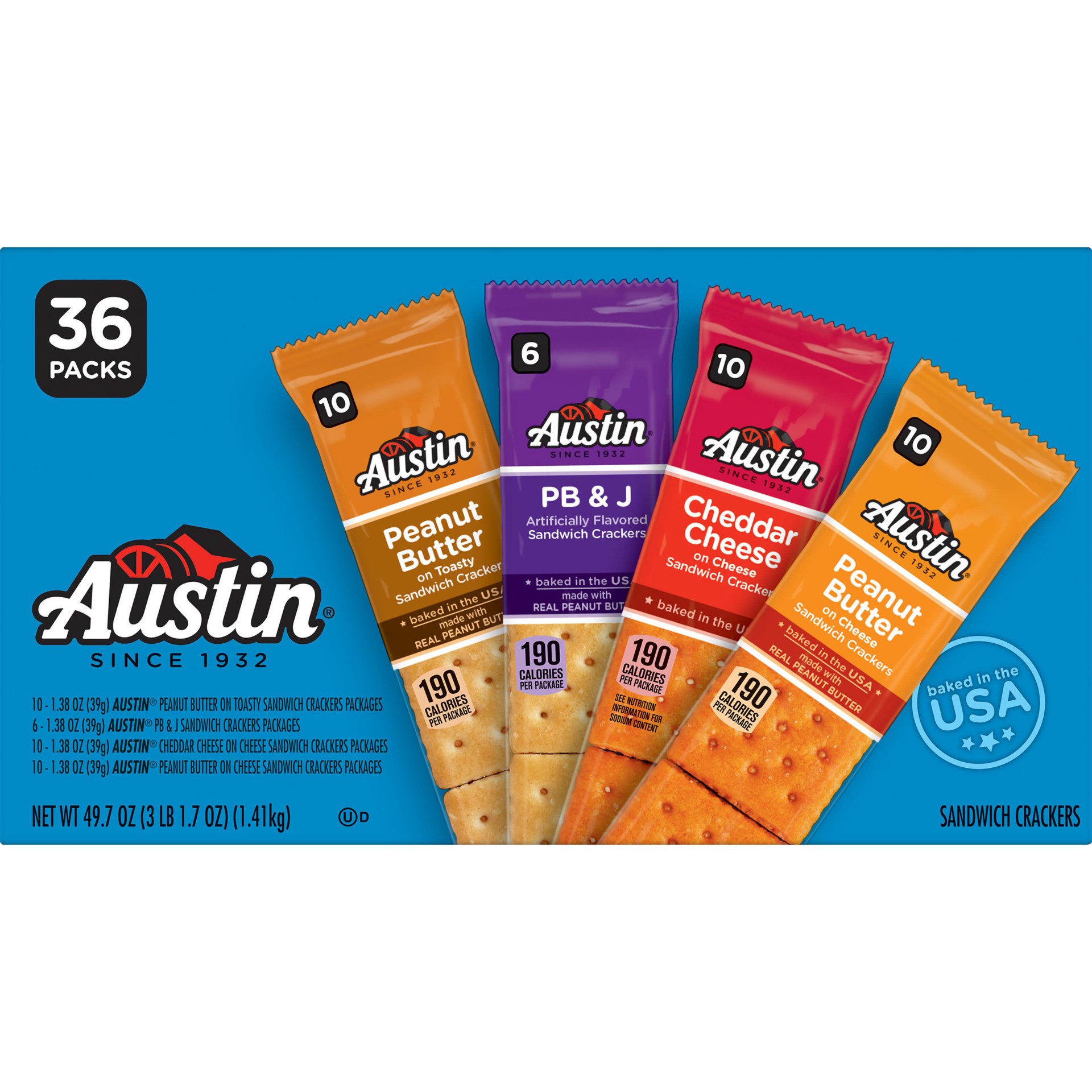 slide 1 of 5, Austin Sandwich Crackers, Variety Pack, 49.7 oz, 36 Count, 49.70 oz