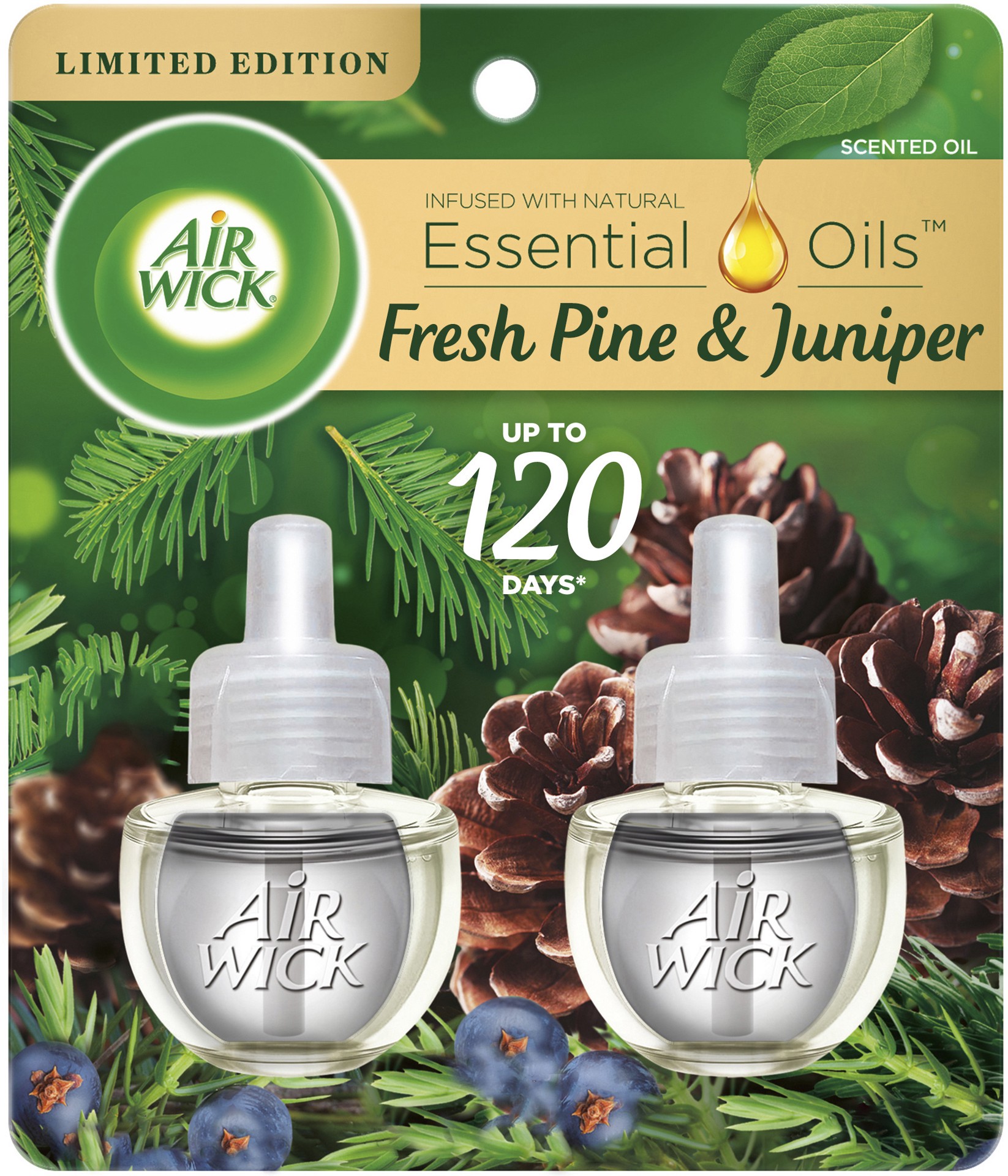 slide 1 of 1, Air Wick Plug in Scented Oil Refill, 2 ct, Fresh Pine and Juniper, Air Freshener, Essential Oils, Fall Scent, Fall decor, 2 ct