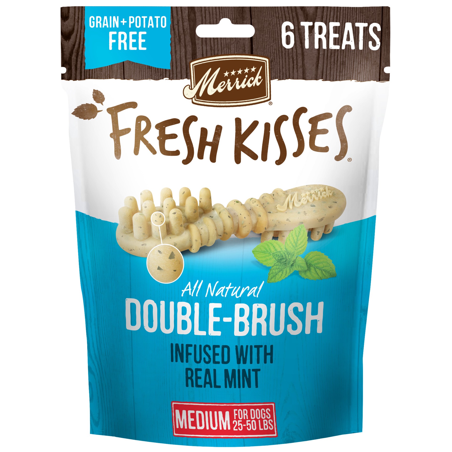 slide 1 of 5, Merrick Fresh Kisses Natural Dental Chews Toothbrush Shape Treat Infused With Real Mint Medium Dogs, 6 oz