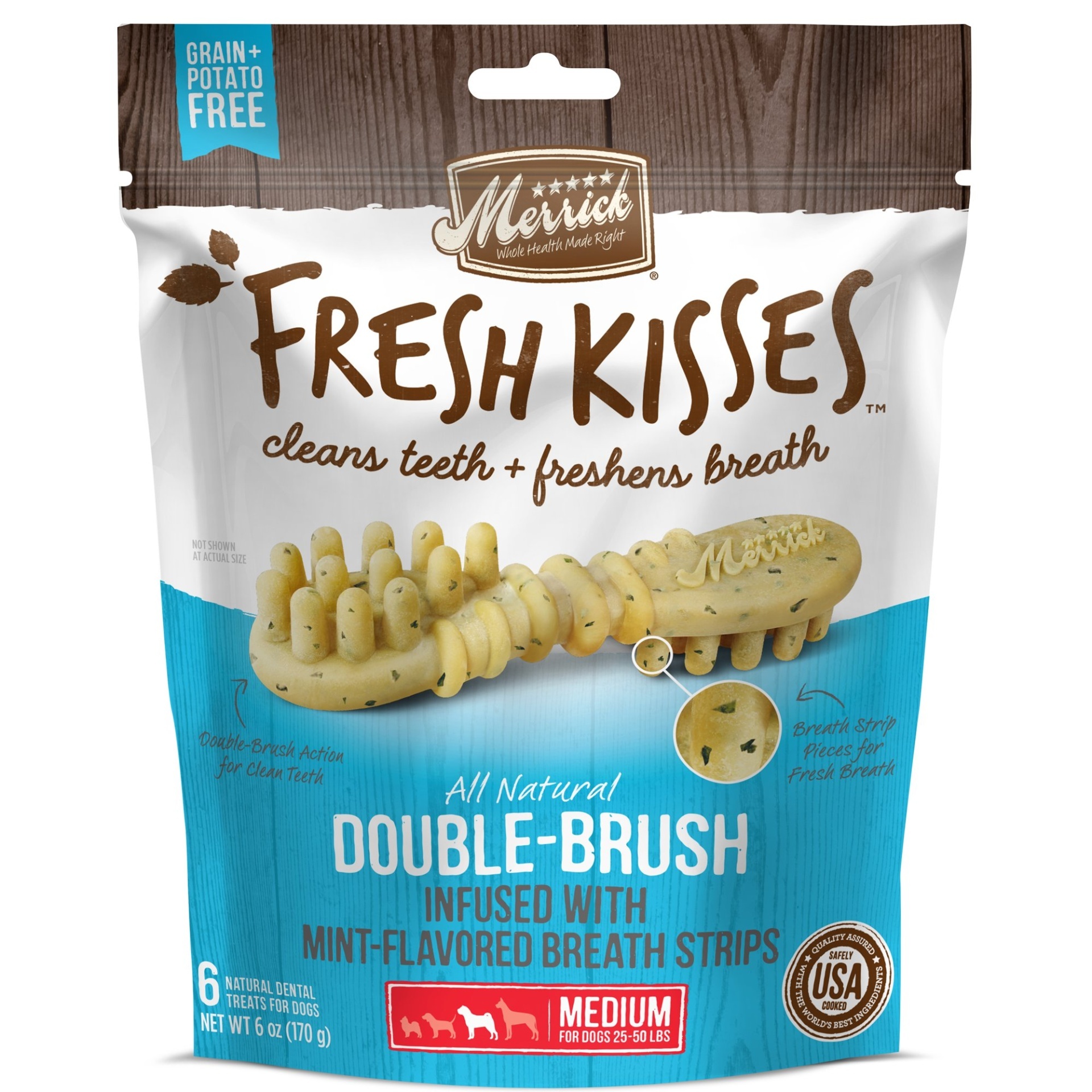 slide 1 of 1, Merrick Fresh Kisses Mint Breath Strips Medium Brush Dental Dog Treats, 6 oz