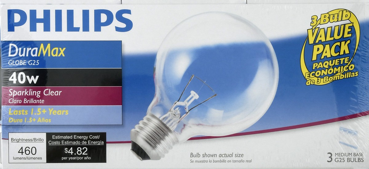 slide 7 of 8, Philips Light Bulbs Globe Sparkling Clear 40 Watts Value Pack, 3 ct