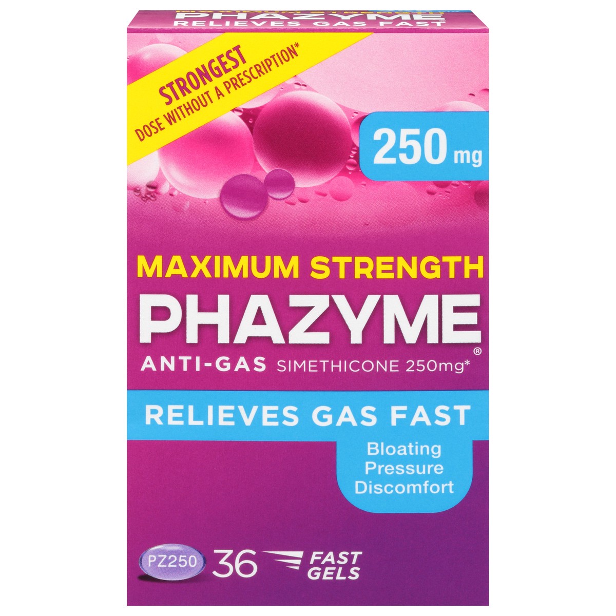 slide 9 of 10, Phazyme Maximum Strength Gas & Bloating Relief, Works in Minutes, 36 Fast Gels, 36 ct