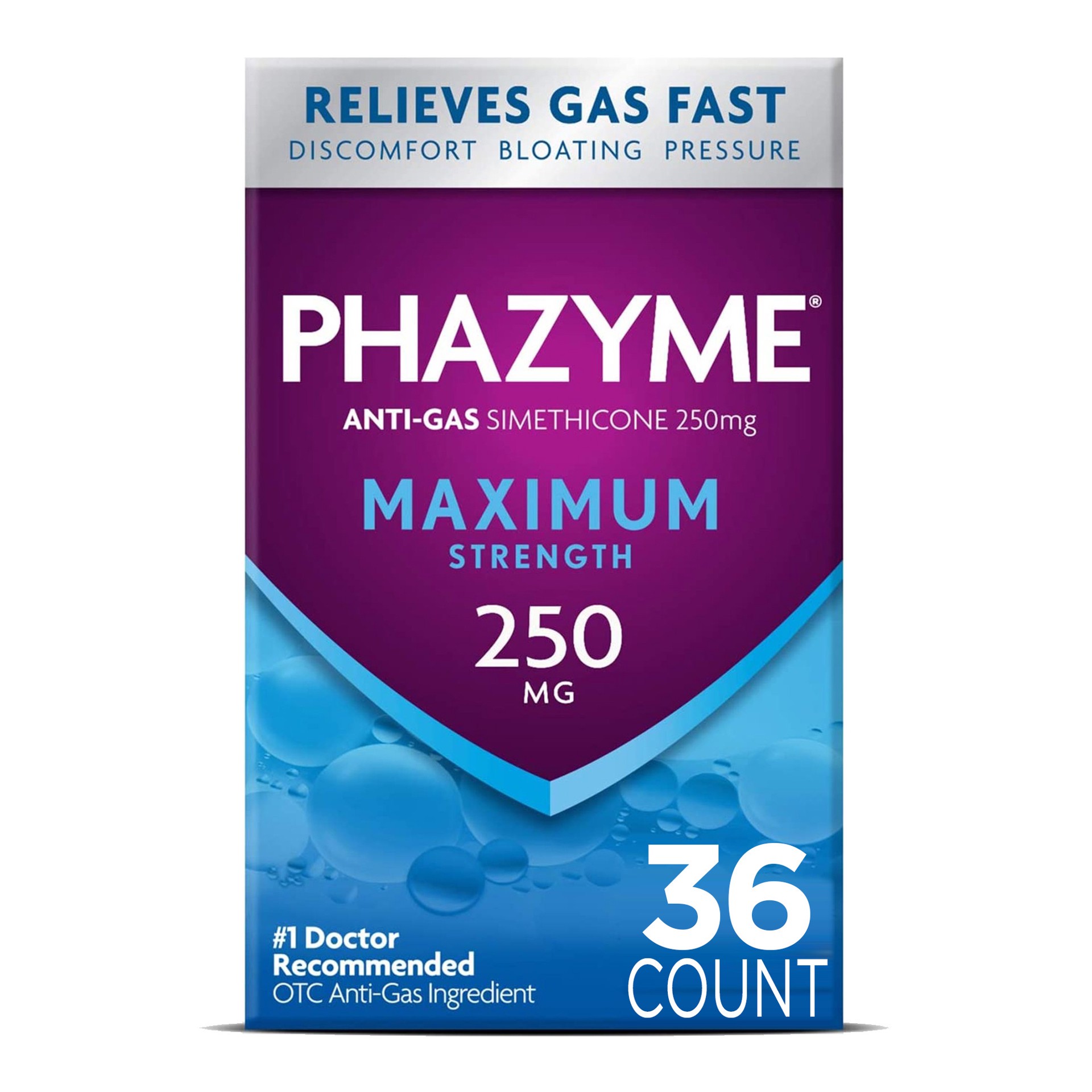 slide 1 of 10, Phazyme Maximum Strength Gas & Bloating Relief, Works in Minutes, 36 Fast Gels, 36 ct