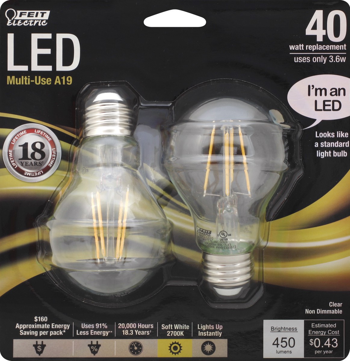 slide 2 of 2, Feit Electric Light Bulbs, LED, Soft White, Clear, 3.6 Watts, 2 ct