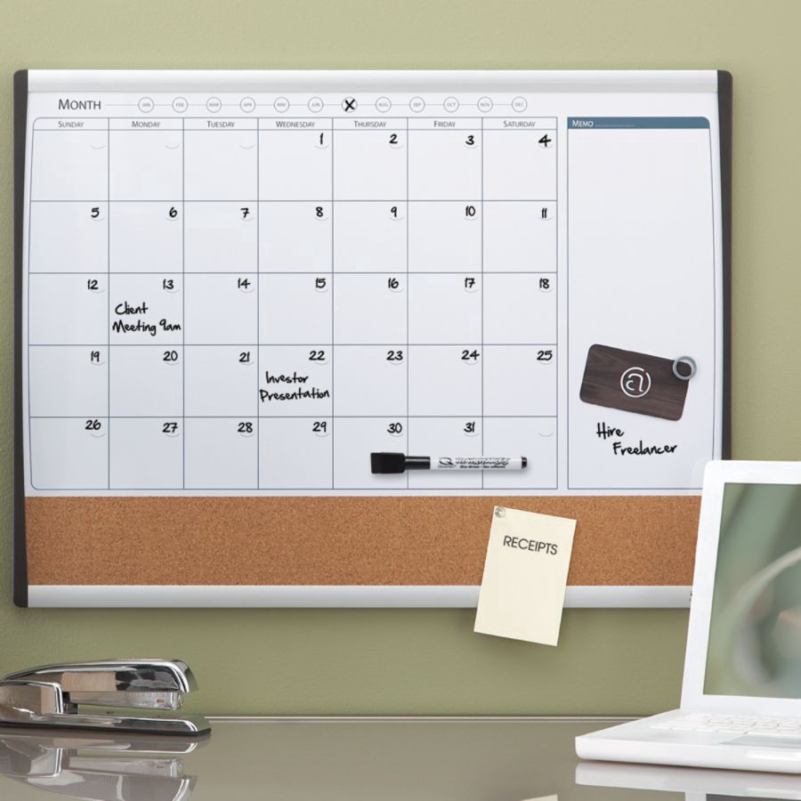 slide 2 of 6, Quartet Magnetic Combination Calendar Board, Steel, White/Brown, Black/Silver Plastic Frame, 17 in x 23 in