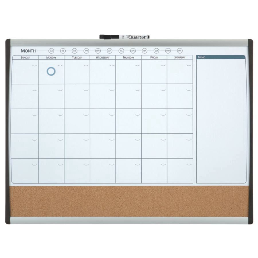 slide 4 of 6, Quartet Magnetic Combination Calendar Board, Steel, White/Brown, Black/Silver Plastic Frame, 17 in x 23 in