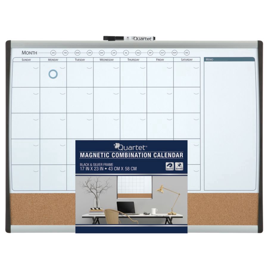 slide 3 of 6, Quartet Magnetic Combination Calendar Board, Steel, White/Brown, Black/Silver Plastic Frame, 17 in x 23 in