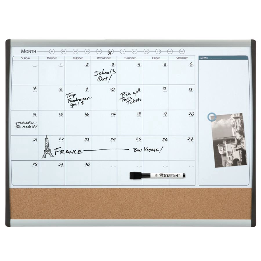 slide 6 of 6, Quartet Magnetic Combination Calendar Board, Steel, White/Brown, Black/Silver Plastic Frame, 17 in x 23 in