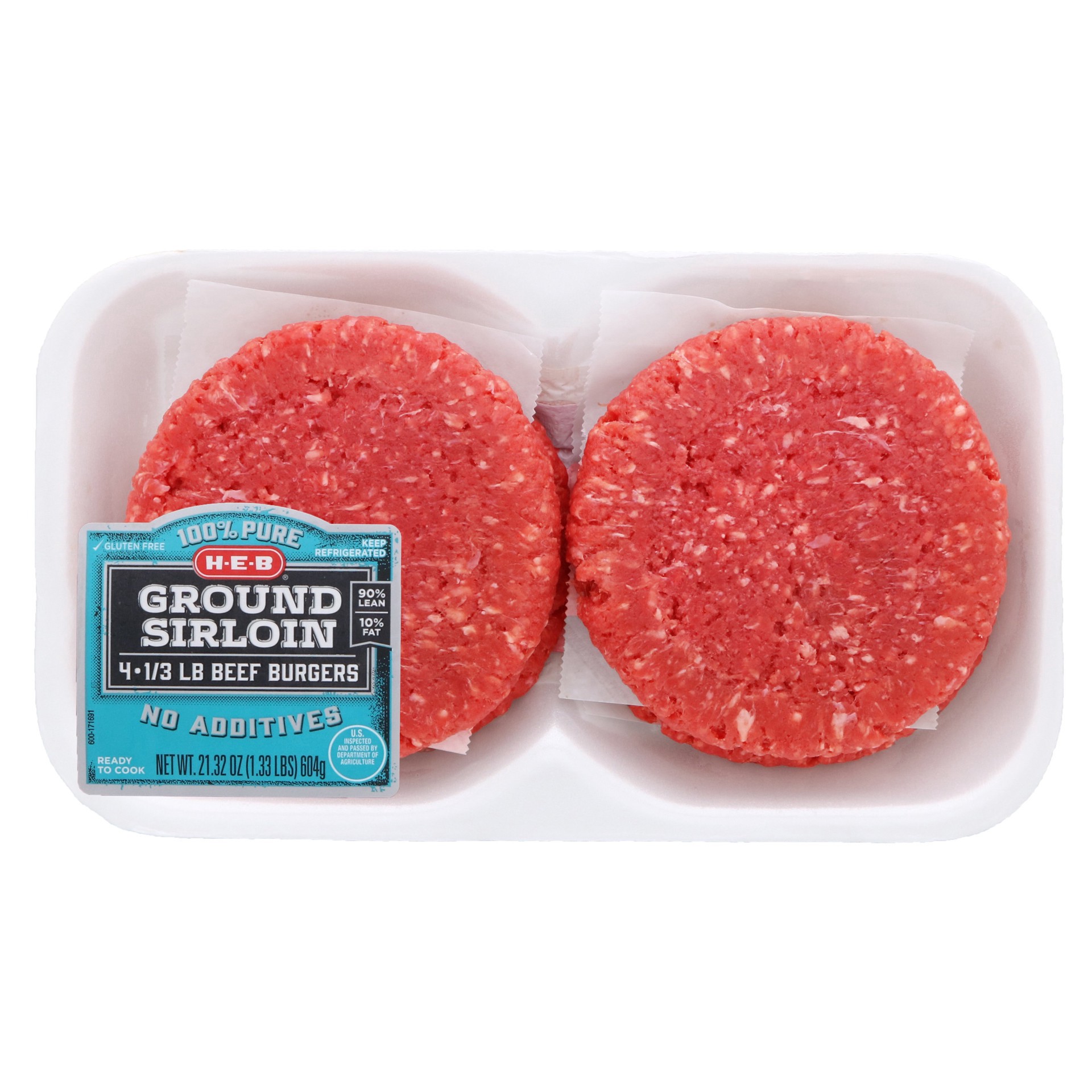 slide 1 of 1, H-E-B 1/3 Pound Ground Sirloin Patties, 4 ct