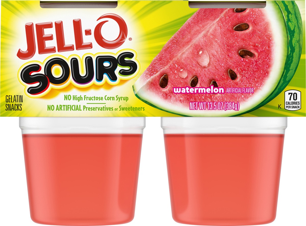 slide 4 of 9, Jell-O Sours Watermelon Ready-to-Eat Jello Cups Gelatin Snack, 4 ct Cups, 4 ct