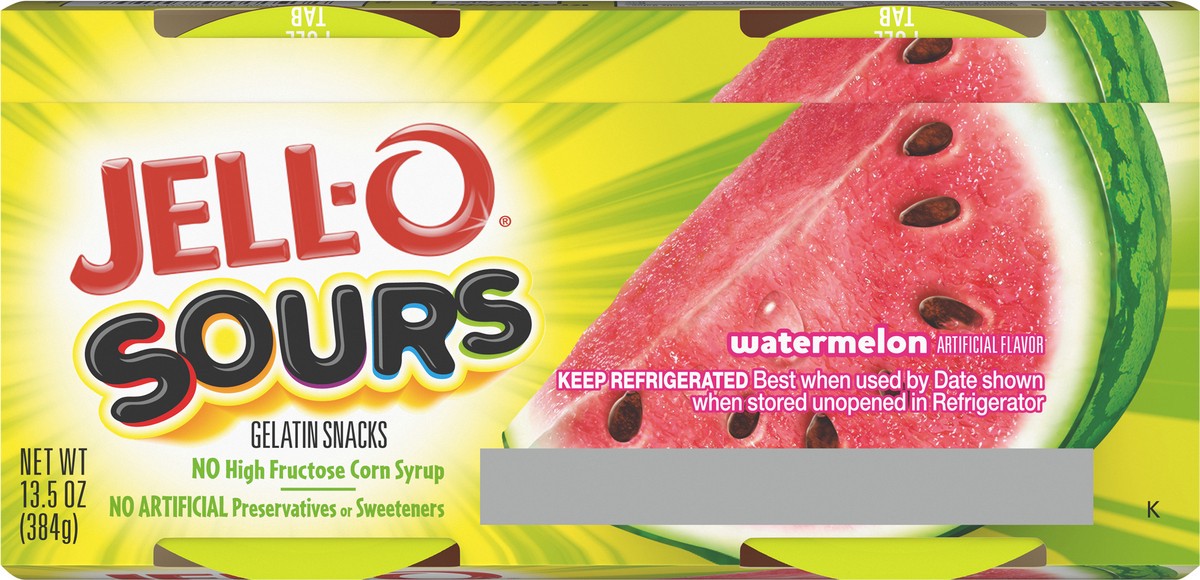 slide 6 of 9, Jell-O Sours Watermelon Ready-to-Eat Jello Cups Gelatin Snack, 4 ct Cups, 4 ct