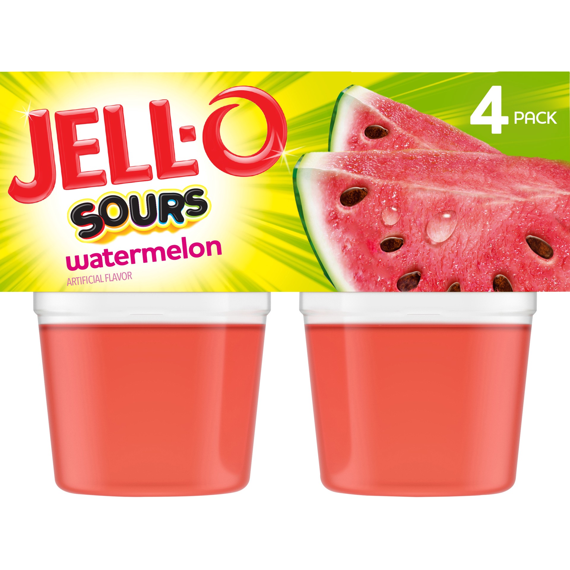 slide 1 of 9, Jell-O Sours Watermelon Ready-to-Eat Jello Cups Gelatin Snack, 4 ct Cups, 4 ct