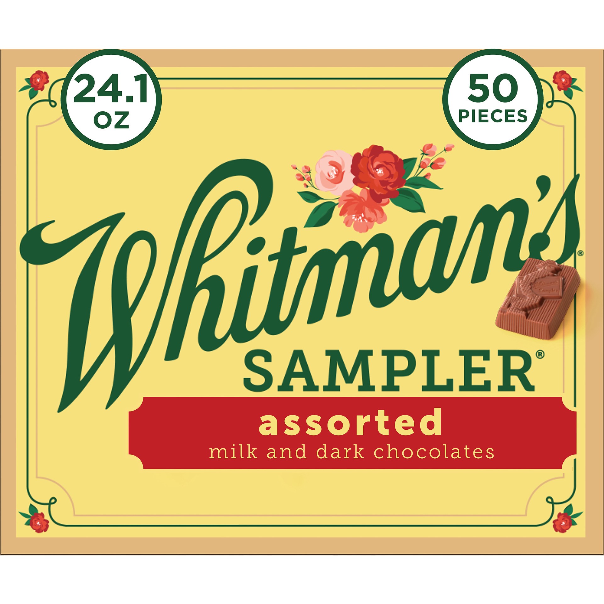 slide 1 of 3, WHITMAN'S SAMPLER Assorted Milk & Dark Chocolate Gift Box, 24.1 oz. (≈ 50 pieces), 24.1 oz