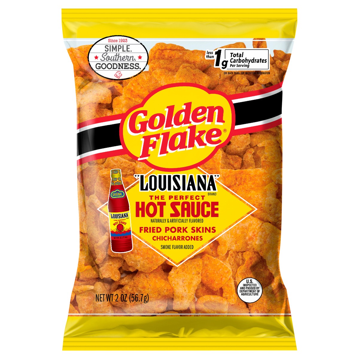 slide 1 of 9, Golden Flake Louisiana Hot Sauce Chicharrones Fried Pork Skins, 2 oz