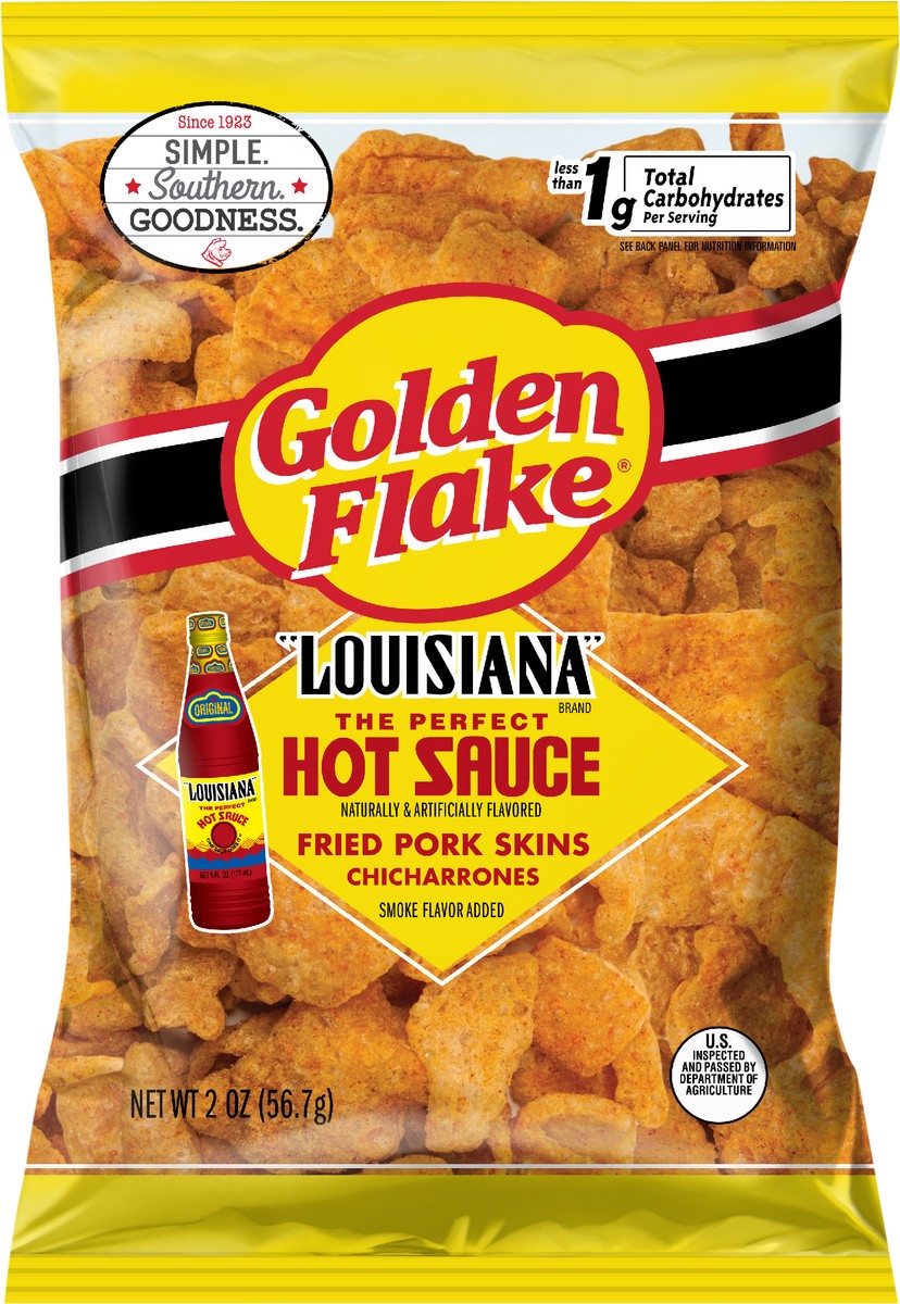 slide 5 of 9, Golden Flake Louisiana Hot Sauce Chicharrones Fried Pork Skins, 2 oz