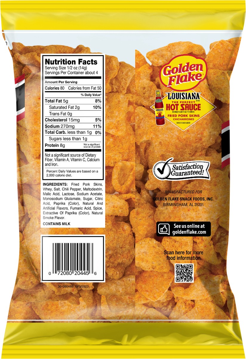 slide 7 of 9, Golden Flake Louisiana Hot Sauce Chicharrones Fried Pork Skins, 2 oz