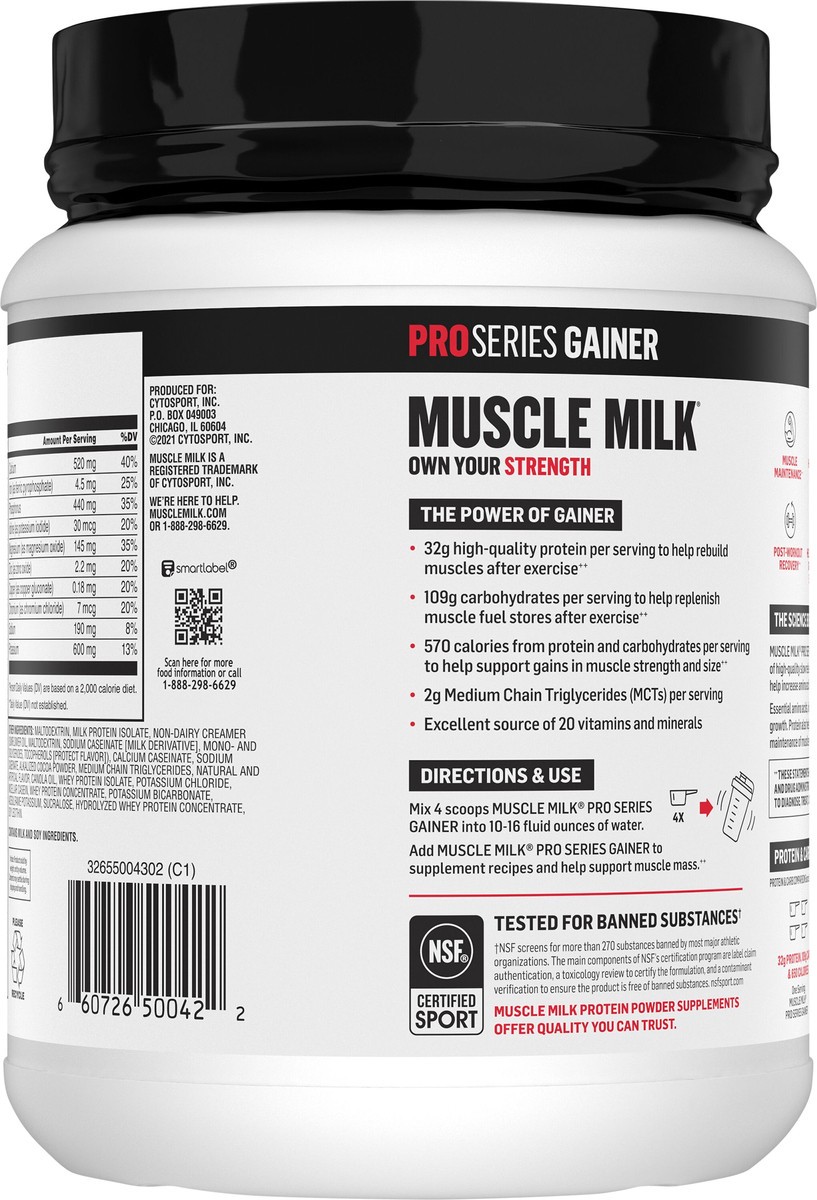 slide 4 of 10, Muscle Milk Gainer High Protein Gainer Powder Supplement Chocolate Artificially Flavored 28.6 Oz, 1.79 lb