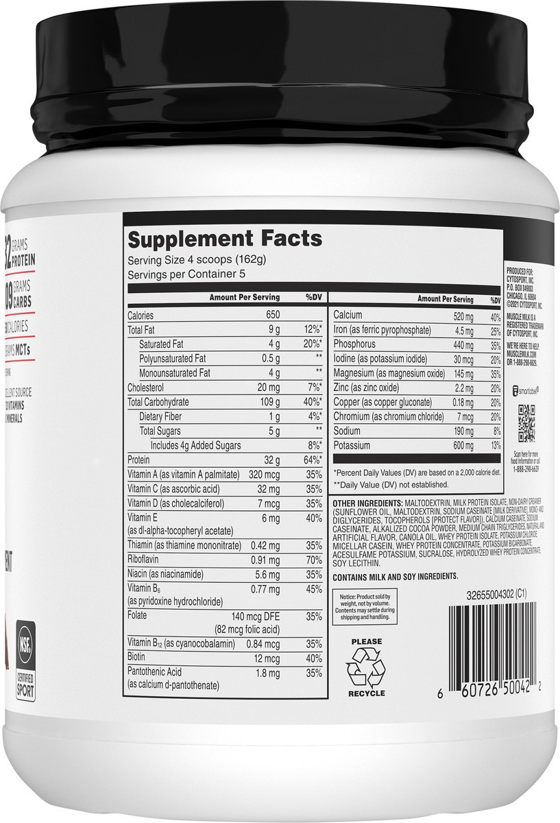 slide 10 of 10, Muscle Milk Gainer High Protein Gainer Powder Supplement Chocolate Artificially Flavored 28.6 Oz, 1.79 lb