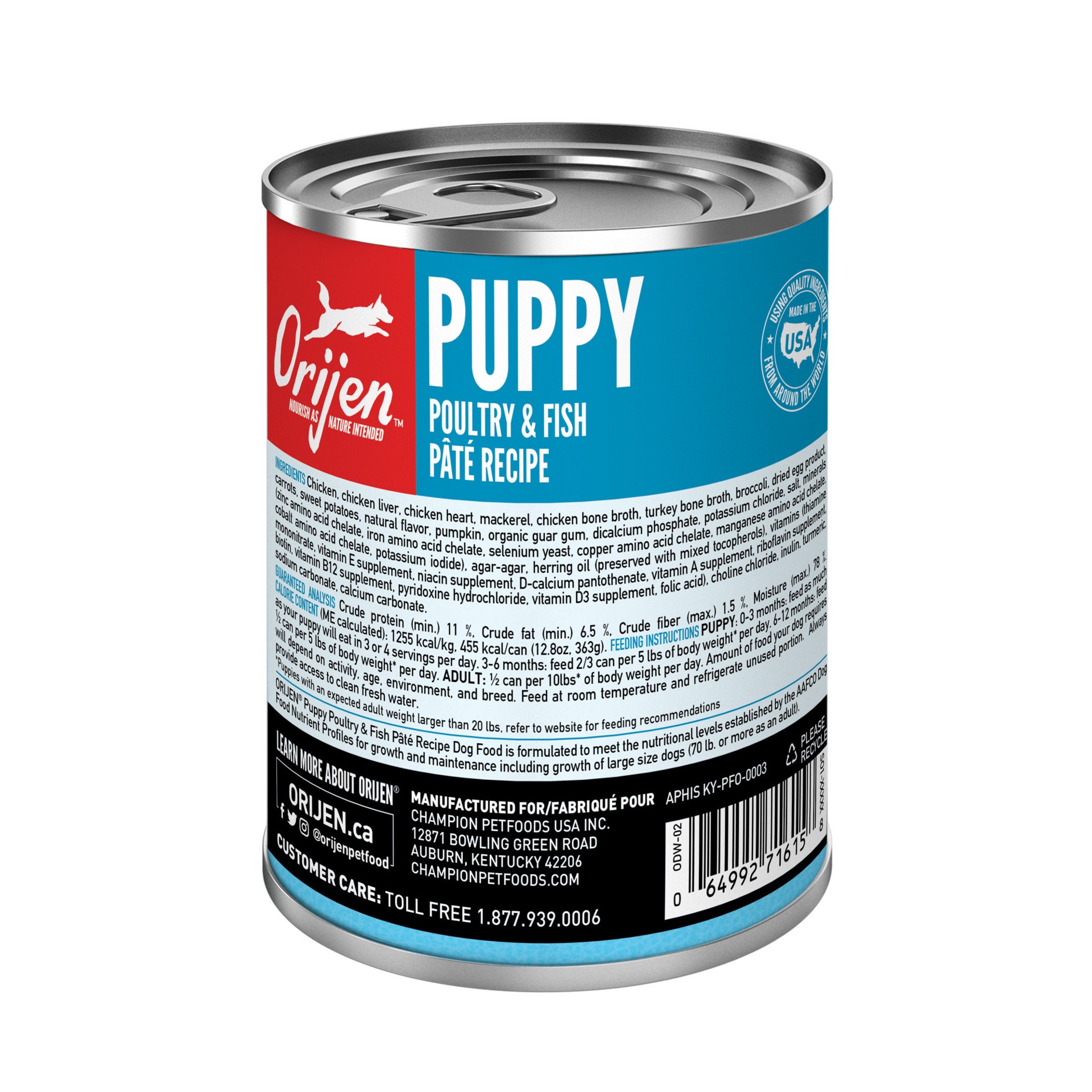 slide 4 of 5, ORIJEN Premium Wet Dog Food Puppy Poultry & Fish Pate Recipe, 12.8oz, case of 12 cans, 12.8 oz