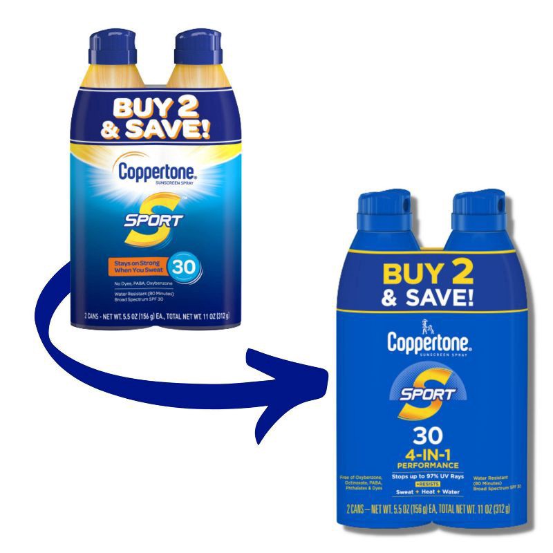 slide 2 of 5, Coppertone Sport Sunscreen Spray - SPF 30 - Twin Pack 11oz, 2 ct; 5.5 oz