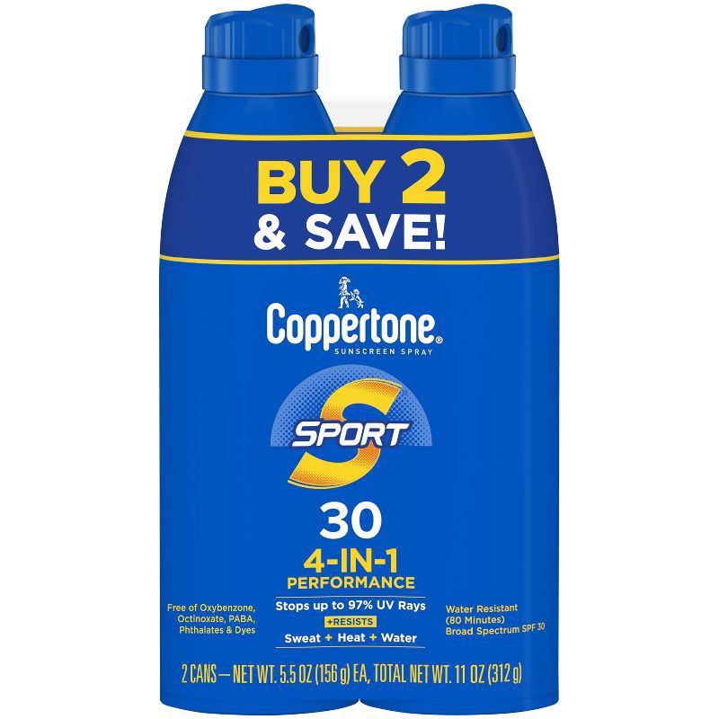 slide 1 of 5, Coppertone Sport Sunscreen Spray - SPF 30 - Twin Pack 11oz, 2 ct; 5.5 oz