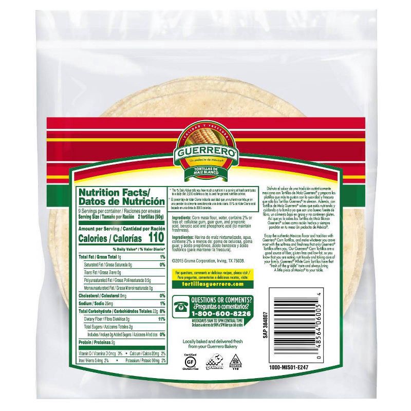 slide 2 of 3, Guerrero Gluten Free White Corn Tortillas - 16oz/18ct, 16 oz