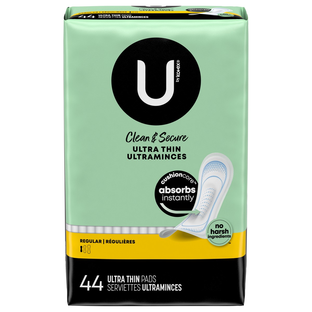 slide 1 of 9, U by Kotex Clean & Secure Ultra Thin Pads, Regular Absorbency, 44 Count, 44 ct