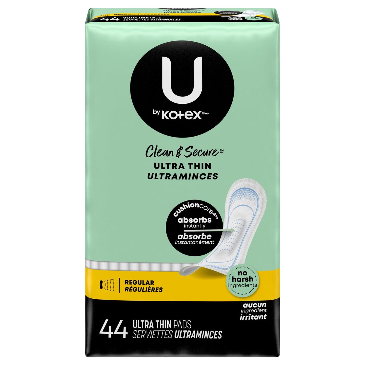 slide 1 of 9, U by Kotex Clean & Secure Ultra Thin Pads, Regular Absorbency, 44 Count, 44 ct
