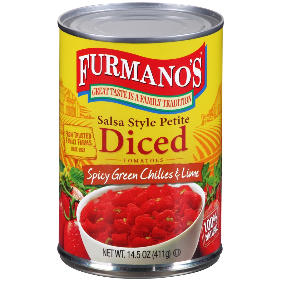 slide 1 of 6, Furmano's Salsa Style Petite Diced Tomatoes with Spicy Green Chilies & Lime, 14.5 oz