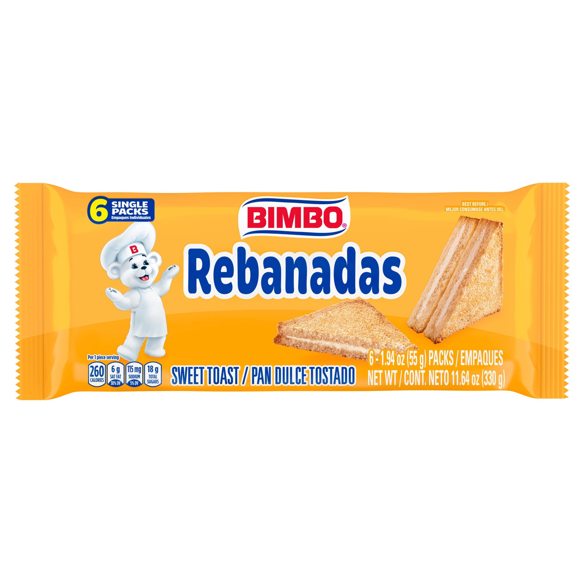 slide 1 of 17, Bimbo Rebanadas Sweet Toast, 6 packs, Pastries, 11.64 oz Bag, 6 ct