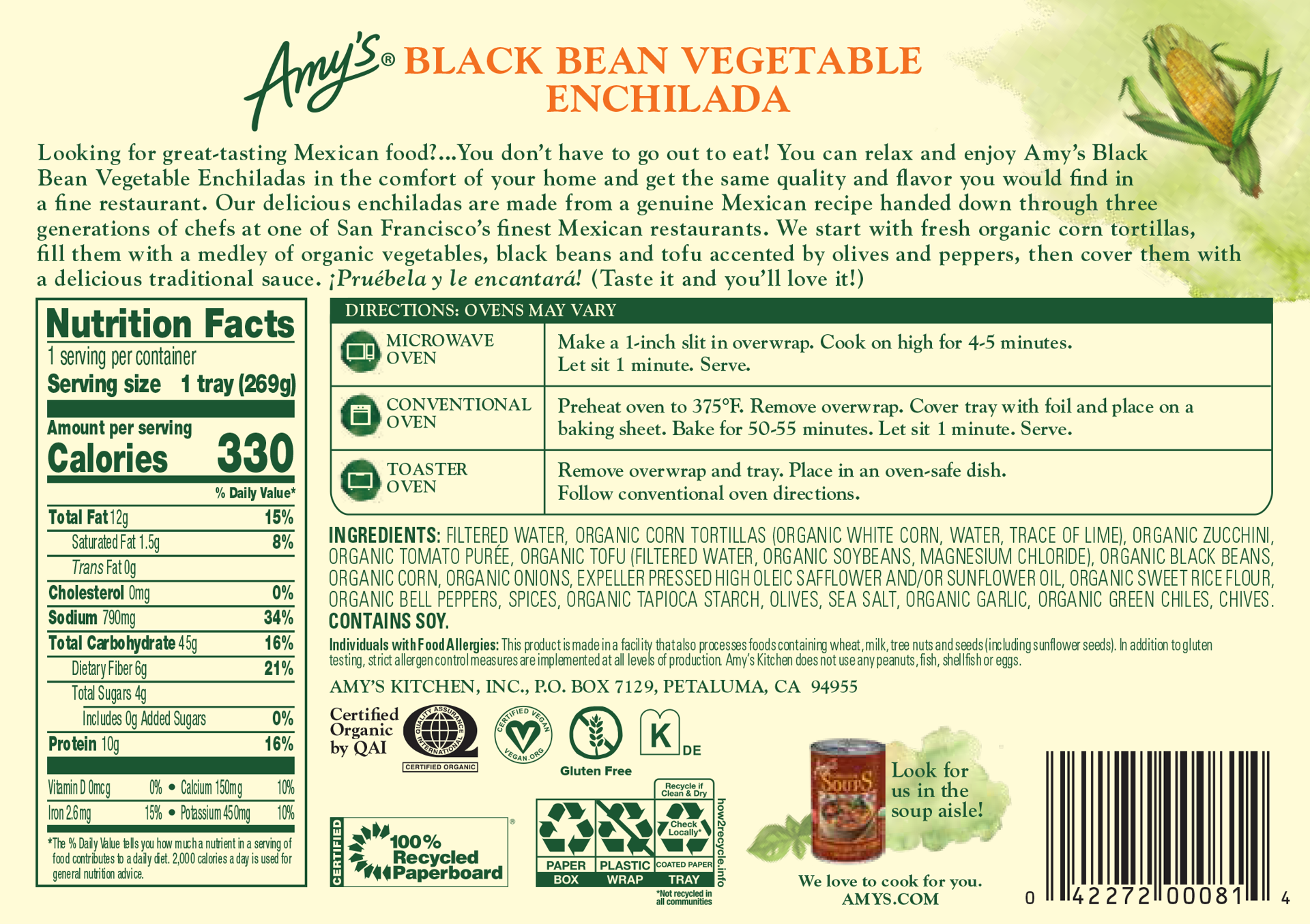 slide 4 of 7, Amy's Black Bean Vegetable Enchilada, Gluten Free, 9.5 oz