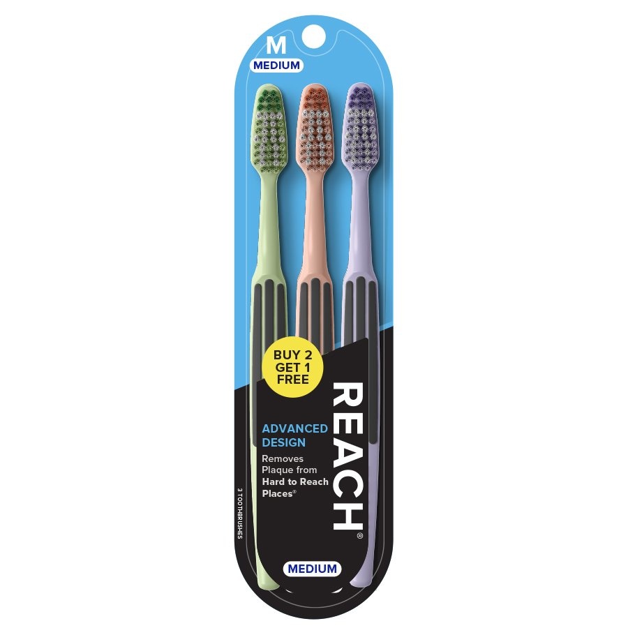 slide 1 of 1, REACH Advanced Design Medium Toothbrushes - Colors May Vary, 3 ct