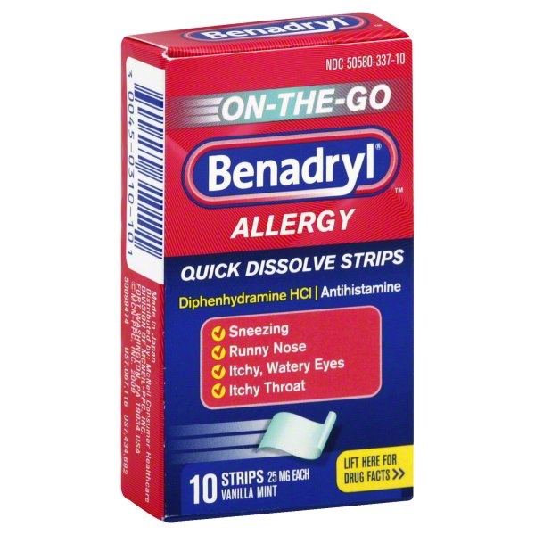 slide 1 of 1, Benadryl Allergy, Quick Dissolve Strips, On-The-Go Vanilla Mint, 25 mg