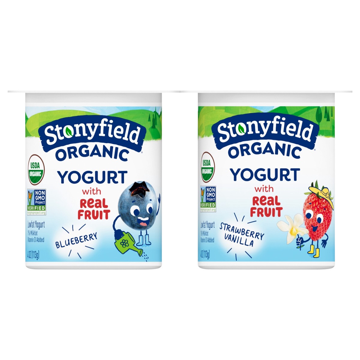 slide 1 of 2, Stonyfield Organic Kids Strawberry Vanilla & Blueberry Lowfat Yogurt Cups, 6 ct